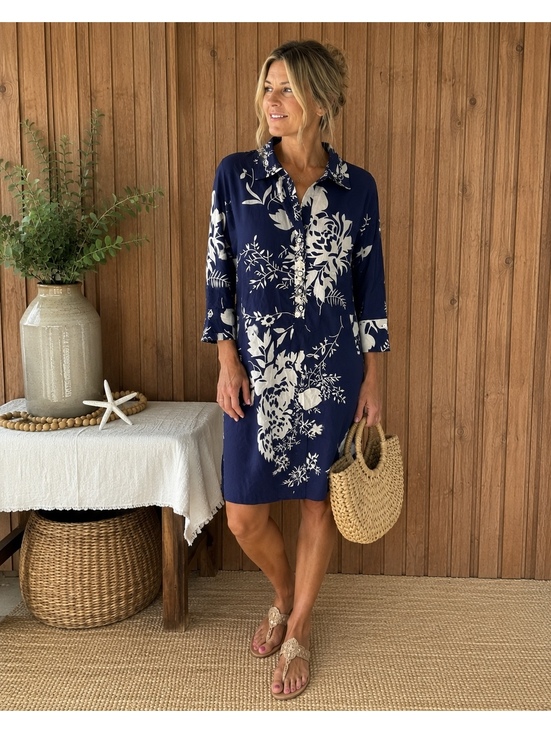Soft Surroundings Dresses & Skirts - Soft Surroundings Navy Floral Embellished Cotton Tunic Beach Cover Up